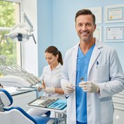 A confident male dentist with a warm, reassuring smile stands in a brightly lit, modern dentistry office.