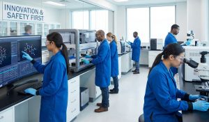 A modern pharmaceutical laboratory with researchers conducting experiments and analyzing data, highlighting innovation and safety in medicine.