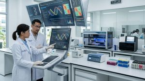 A modern pharmaceutical research laboratory with scientists analyzing digital genomic data on large screens, advanced lab equipment, sterile environment, futuristic medical technology.