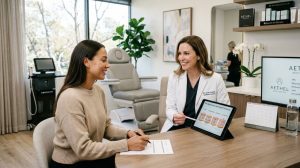 A professional aesthetic medicine clinic interior with a doctor consulting a patient about non-surgical skin rejuvenation treatments