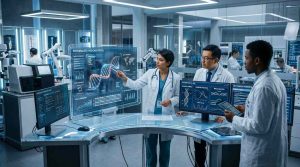 A futuristic healthcare laboratory with doctors analyzing genetic data on digital screens