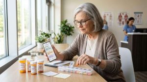 A patient organizing prescription medications with a digital reminder app on a smartphone