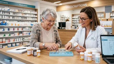 A patient using a weekly pill organizer while consulting with a pharmacist in a modern healthcare setting