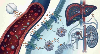  a medicine tablet entering the bloodstream and interacting with cellular receptors and enzymes